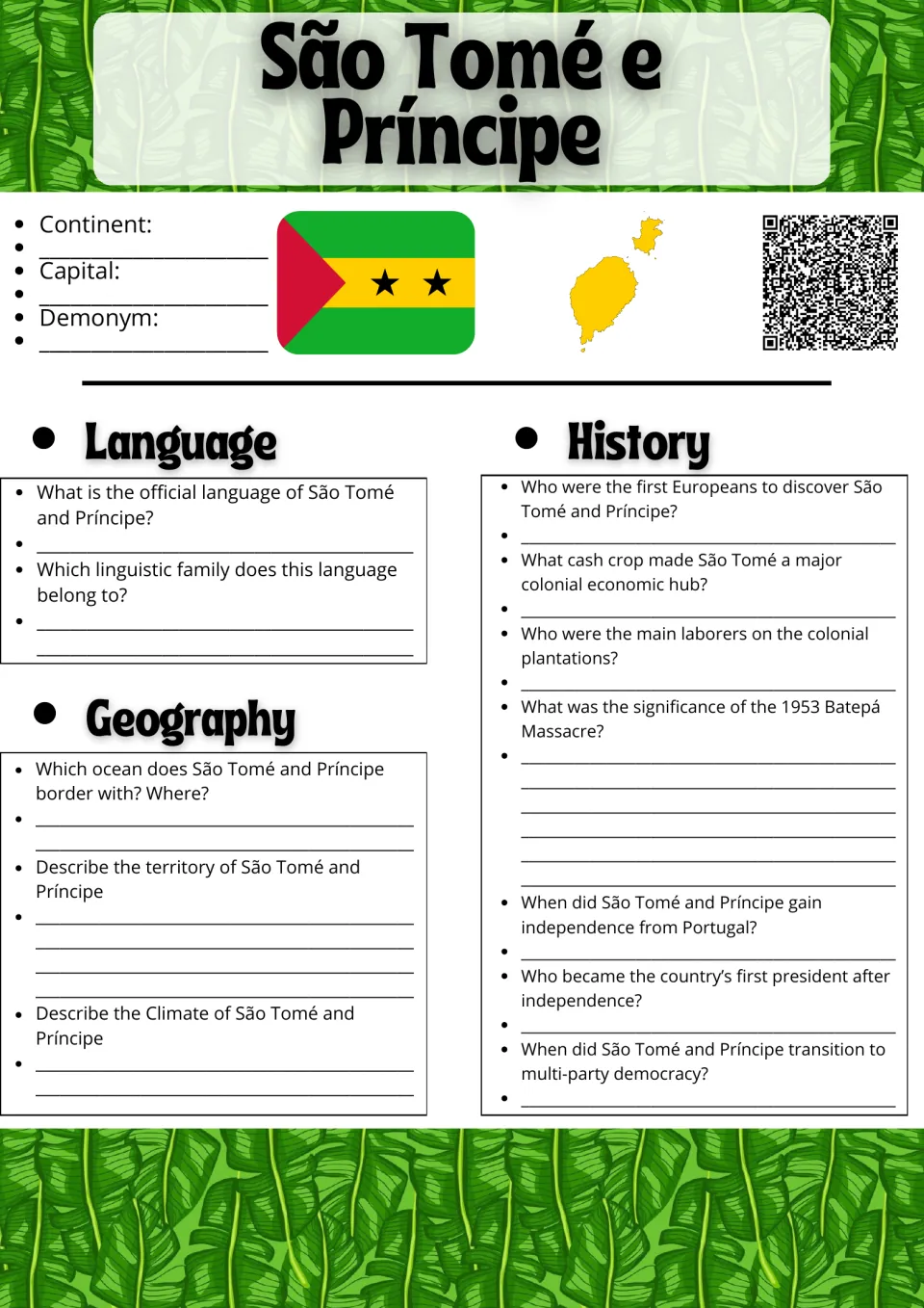 São Tomé and Príncipe research: students answer language, geography and history questions beside the flag and map
