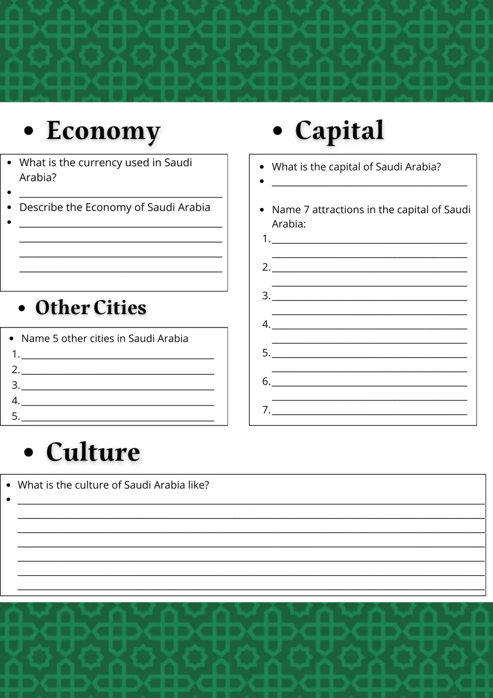 Saudi Arabia economy, capital and culture: students name the currency, 5 other cities and 7 attractions in the capital