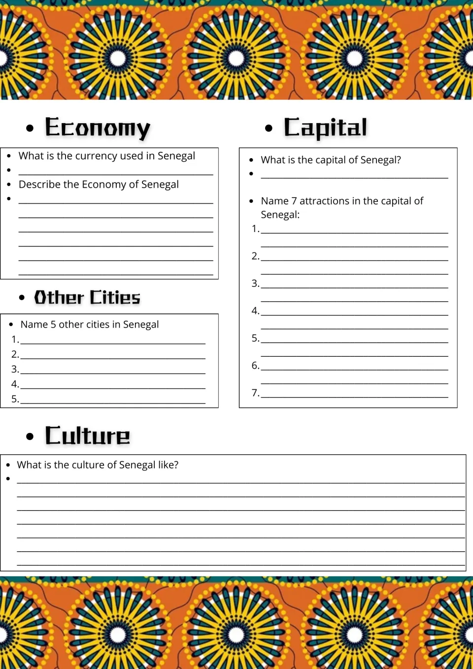 Senegal economy, cities and culture questions: students give the currency, list 5 cities and 7 sights in the capital