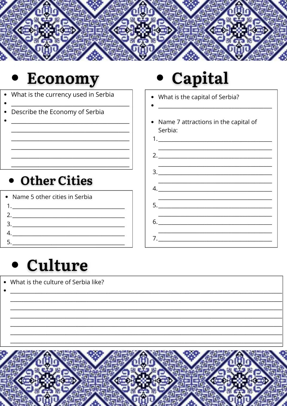 Serbia economy and culture: students name the currency, 5 other cities and 7 sights in the capital, then describe culture
