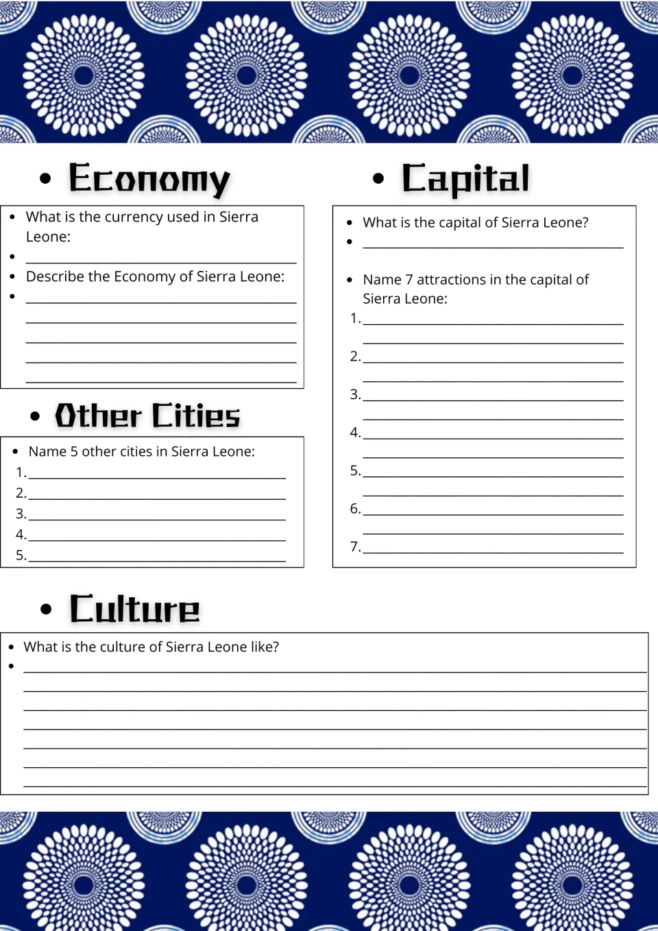 Economy, cities and culture of Sierra Leone: students give the currency, list 5 cities and 7 capital attractions
