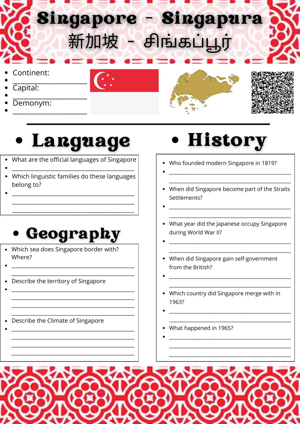 Singapore research report page 1: continent, capital, demonym, languages, geography, and history questions