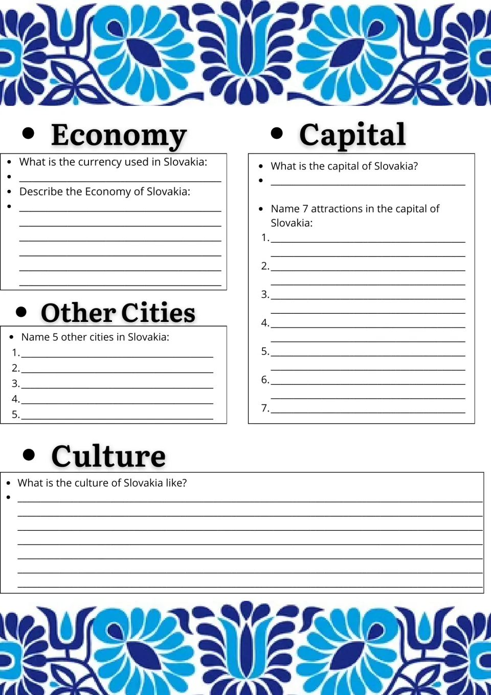 Slovakia economy and culture research: students give the currency, name 5 cities and list 7 attractions in the capital