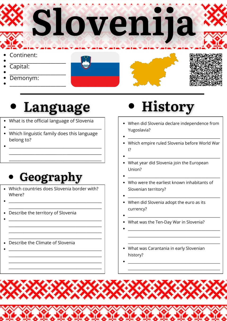 Slovenija research sheet with flag and map: students answer questions on Slovenia's language, geography and history