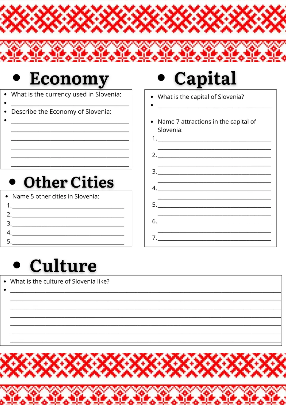 Slovenia economy and culture research: students give the currency, name 5 cities and 7 sights in the capital