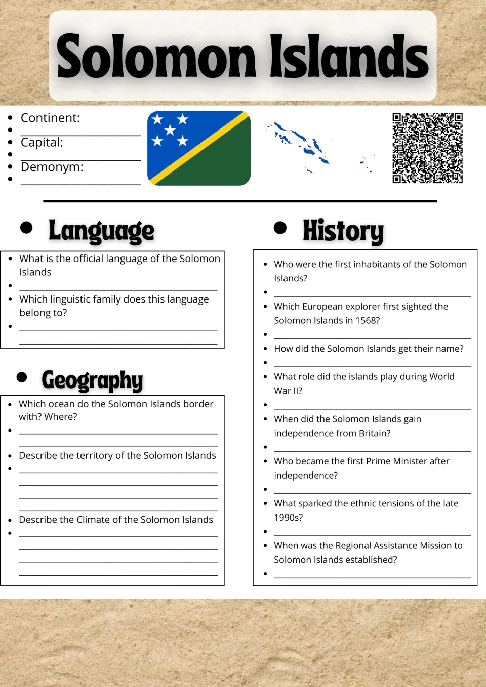 Solomon Islands research: students note continent and capital, then answer language, geography and history questions