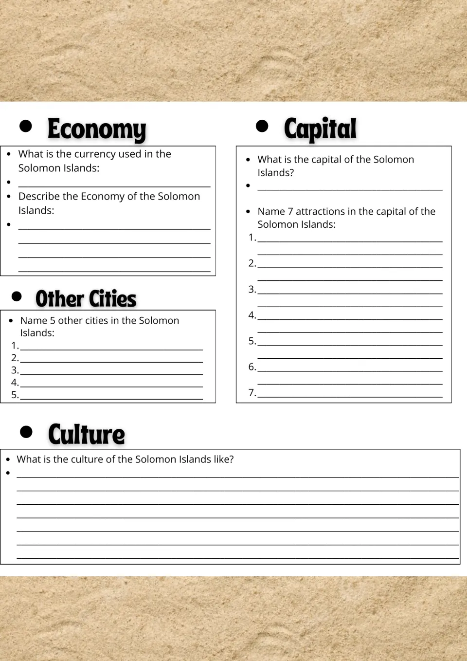 Solomon Islands economy and culture: students research currency, list 5 cities and 7 capital attractions, describe culture