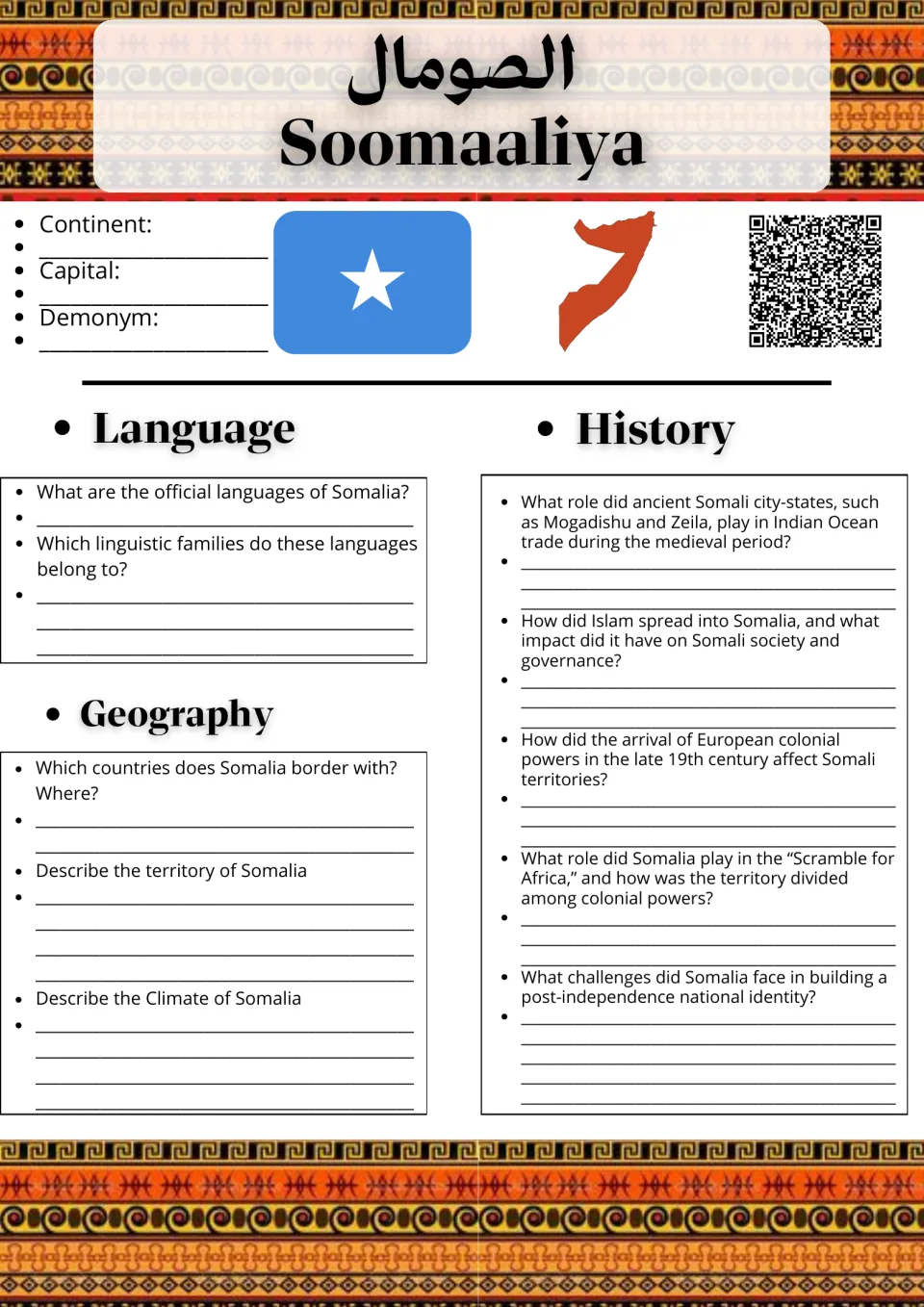 Somalia flag and map: students note continent, capital and demonym, then answer language, geography and history questions