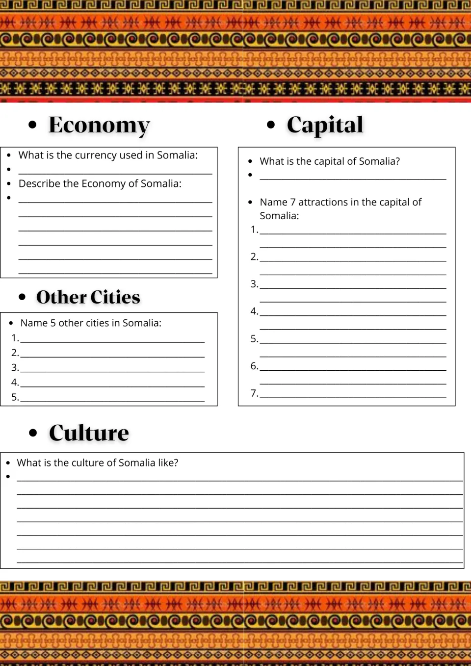 Somalia economy, capital and culture: students name the currency, 7 capital attractions and 5 cities, then describe culture