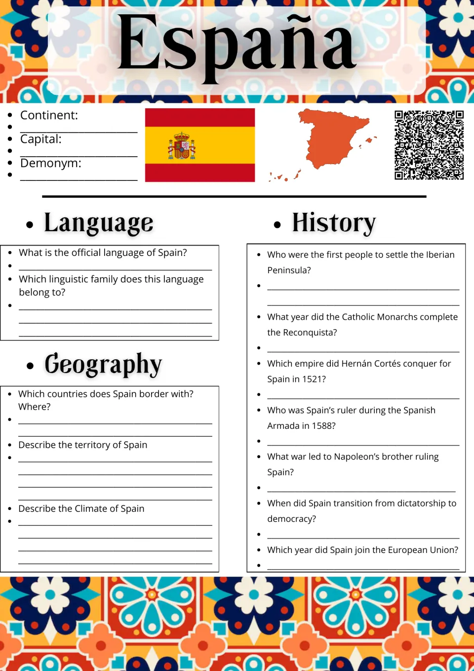 Spain facts: students record continent, capital and demonym, then answer questions on language, geography and history