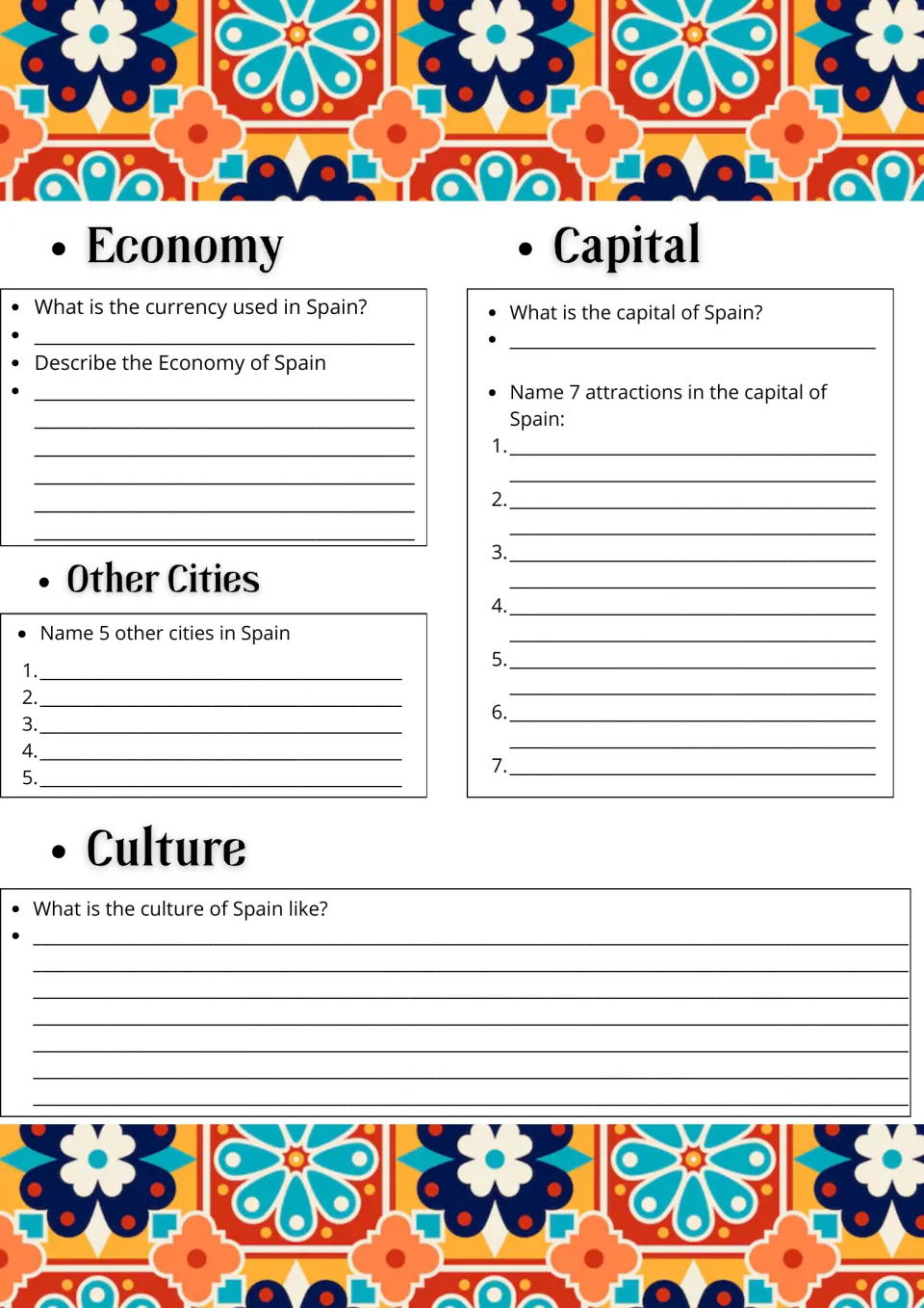 Spain economy and culture: students name currency, describe the economy, list 5 cities and 7 attractions in the capital