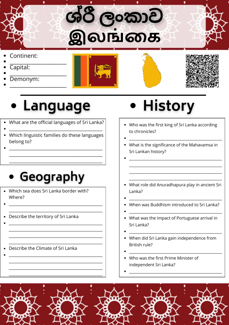 Sri Lanka research page 1: country facts, official languages, geography, and history from kings to independence.