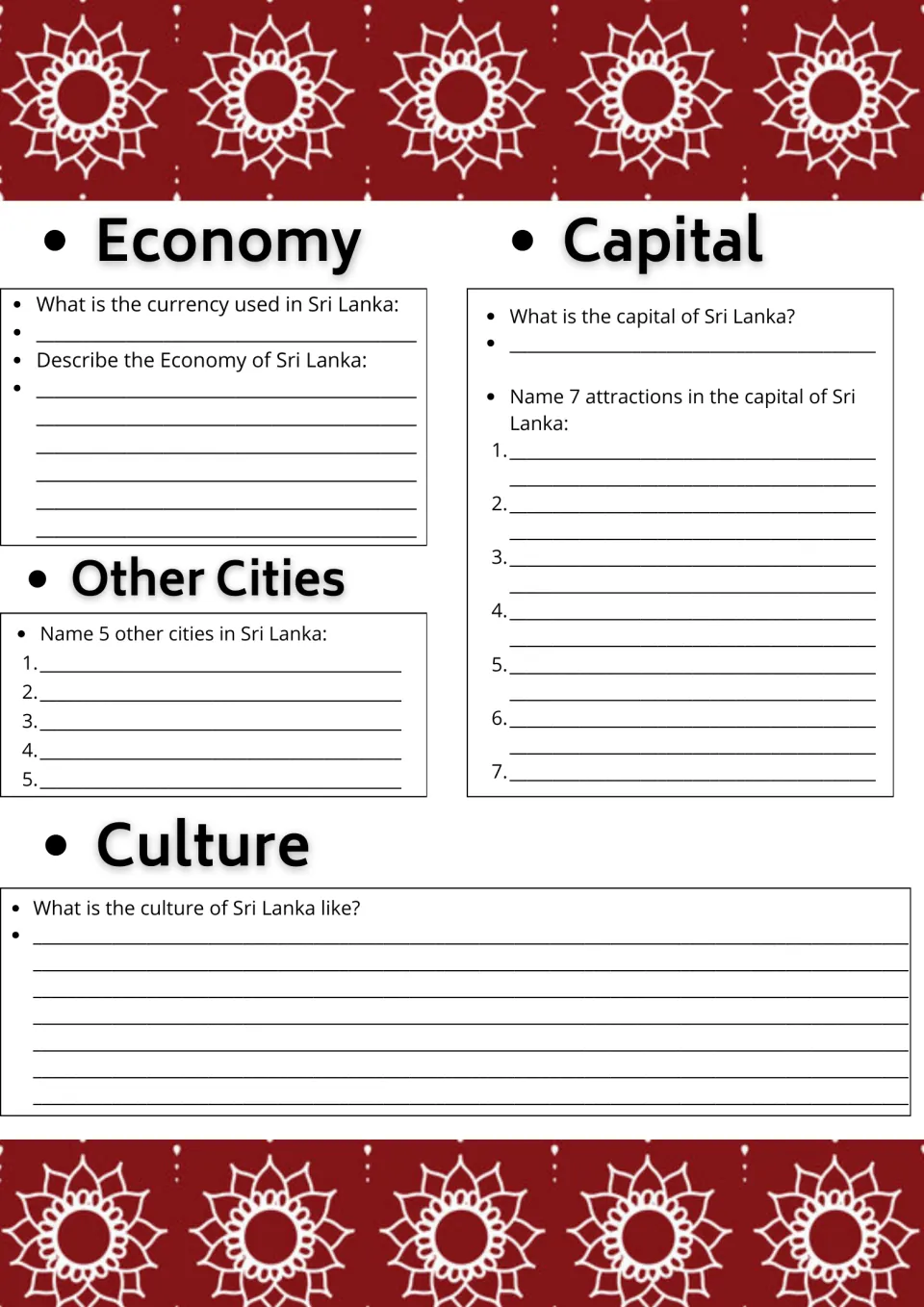 Sri Lanka research page 2: currency, economy, five other cities, seven capital attractions, and culture.