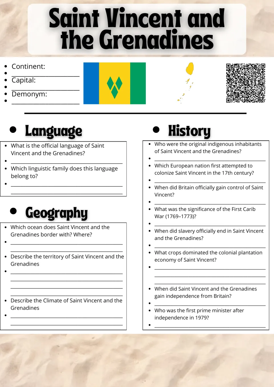 St Vincent and the Grenadines research: students answer language, geography and history questions beside the flag and map