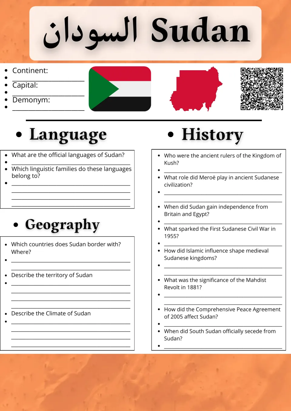 Sudan research page with flag and map: students answer questions on language, geography, Kush, Meroë and civil wars