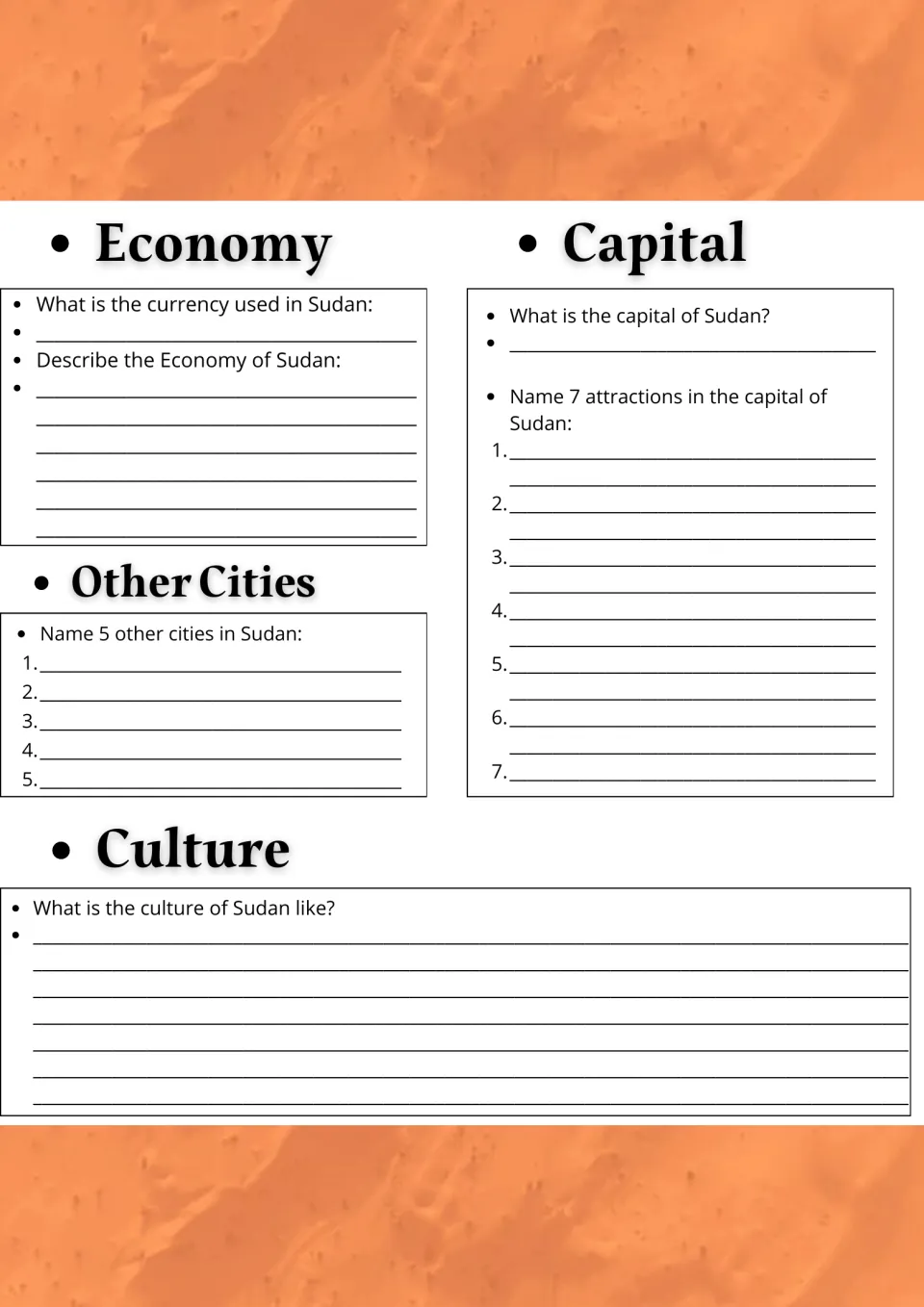Sudan economy and culture: students name the currency, 5 other cities and 7 capital attractions, then describe culture