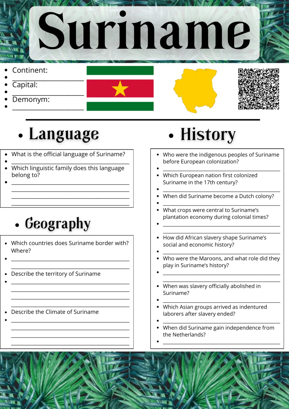 Suriname research sheet with flag and map: students answer questions on language, geography and colonial history