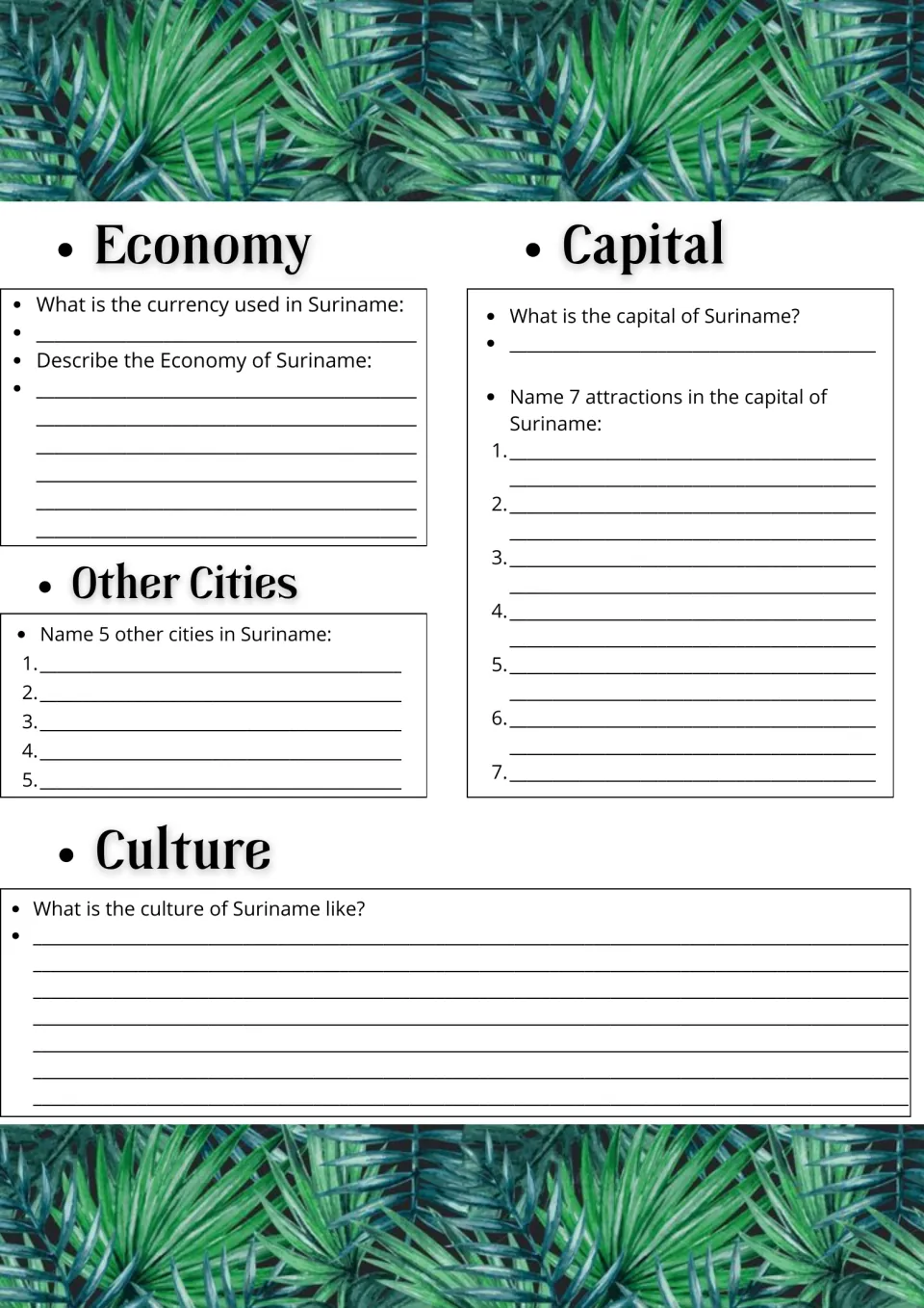 Suriname economy, cities, capital and culture: students name the currency, list 5 cities and 7 capital attractions