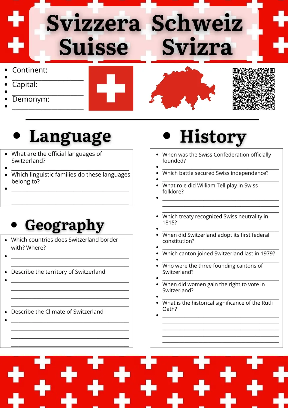 Switzerland research sheet: students note capital and demonym, then answer language, geography and Swiss history questions