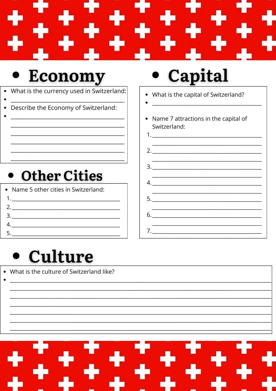 Swiss economy and cities: students name the currency, 5 cities and 7 attractions in the capital, and describe its culture