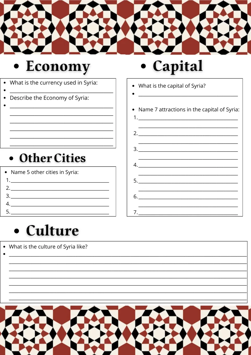 Syria economy and culture research: students give the currency, 5 more cities, 7 capital attractions and describe culture