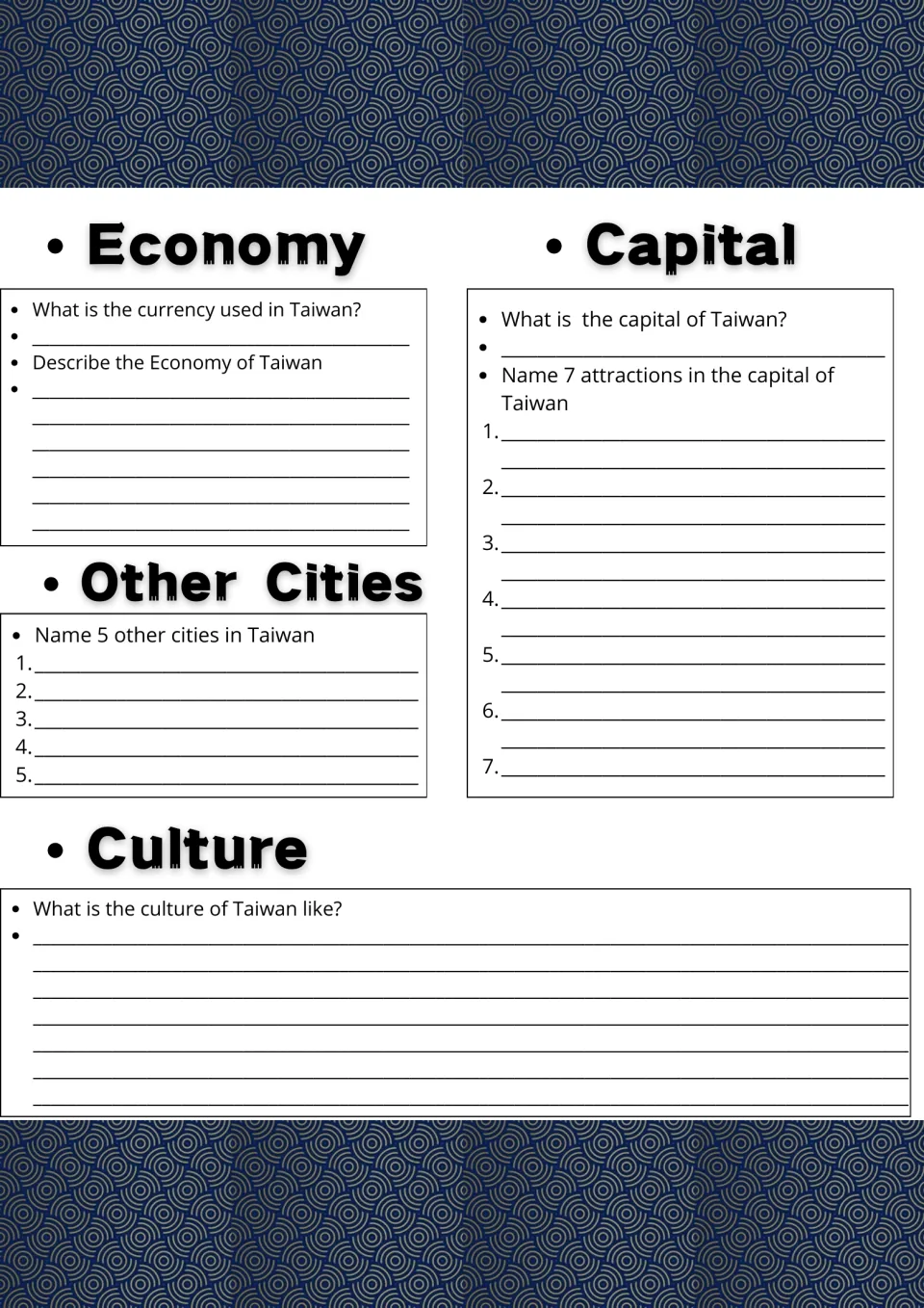 Taiwan research project, page 2: economy, seven capital attractions, five other cities, and culture