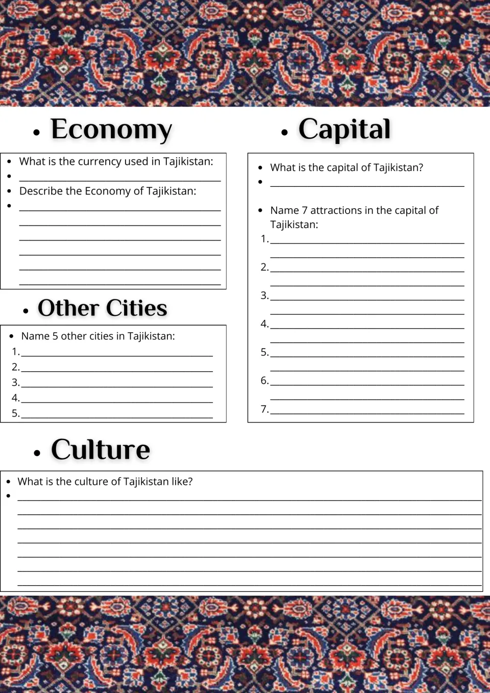 Tajikistan economy, cities and culture: students name the currency, capital, 5 other cities and 7 capital attractions