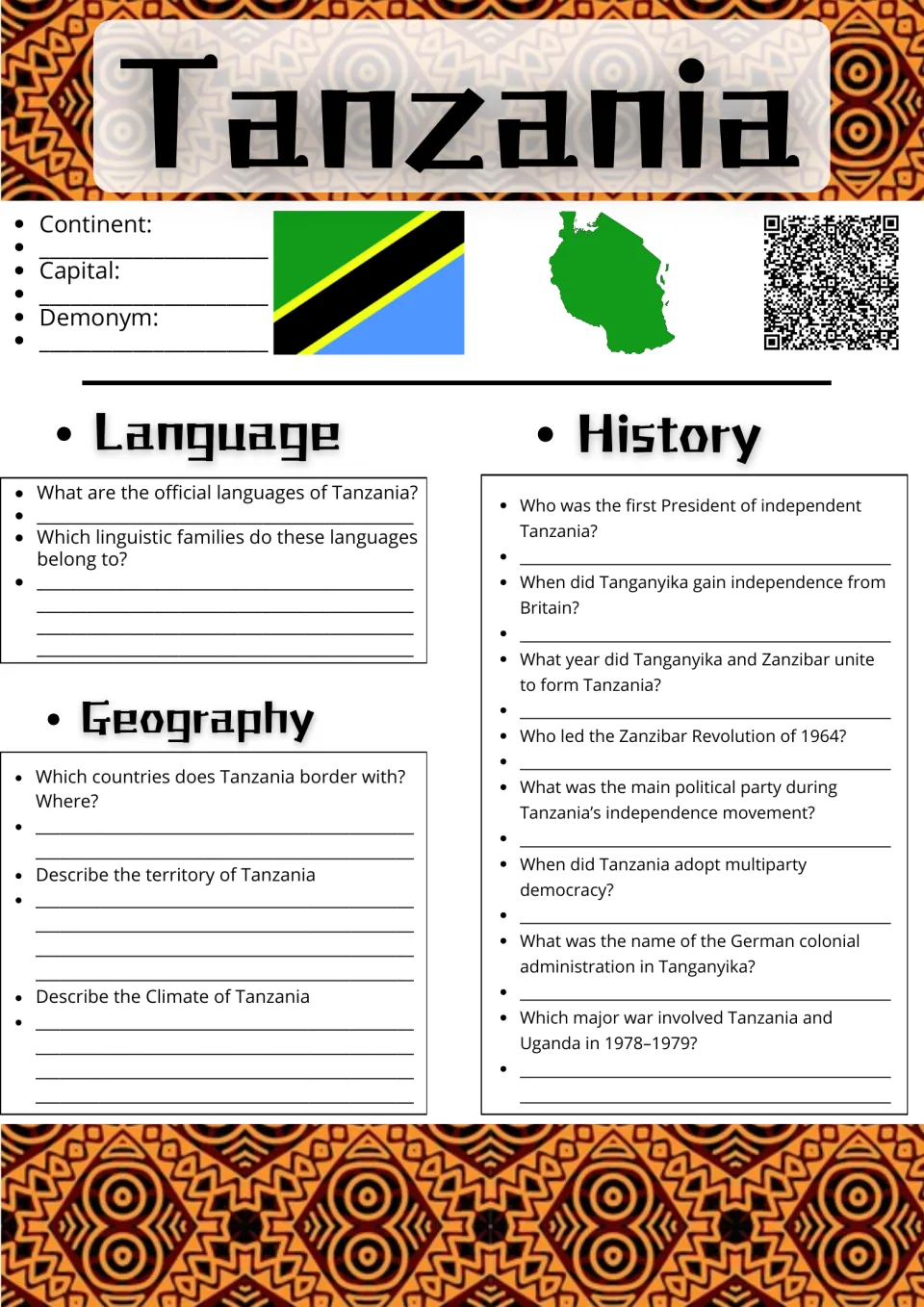 Tanzania research sheet: students record continent, capital and demonym, answer language, geography and history questions
