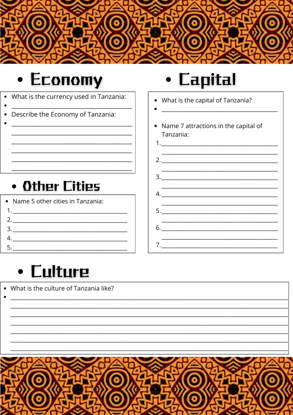 Tanzania economy and culture: students name the currency, 7 capital attractions and 5 other cities, then describe culture