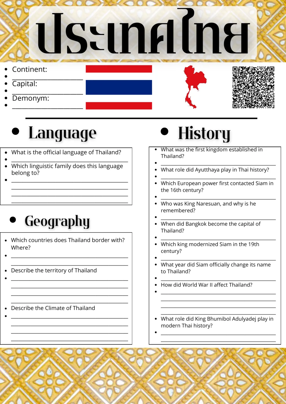 Thailand fact sheet: students note continent, capital and demonym, then answer language, geography and history questions