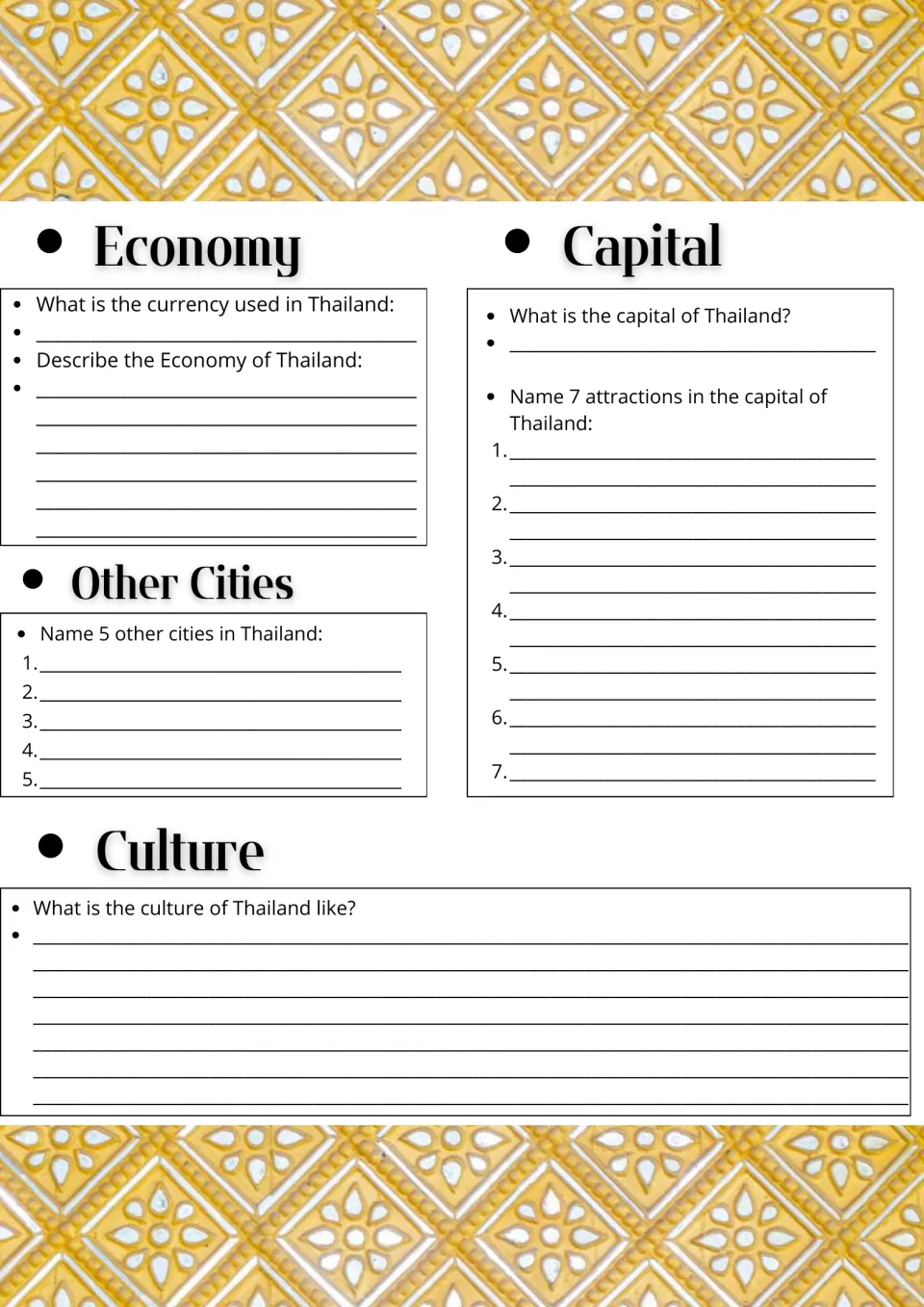 Thailand economy and culture: students name the currency, capital, 5 other cities and 7 capital attractions