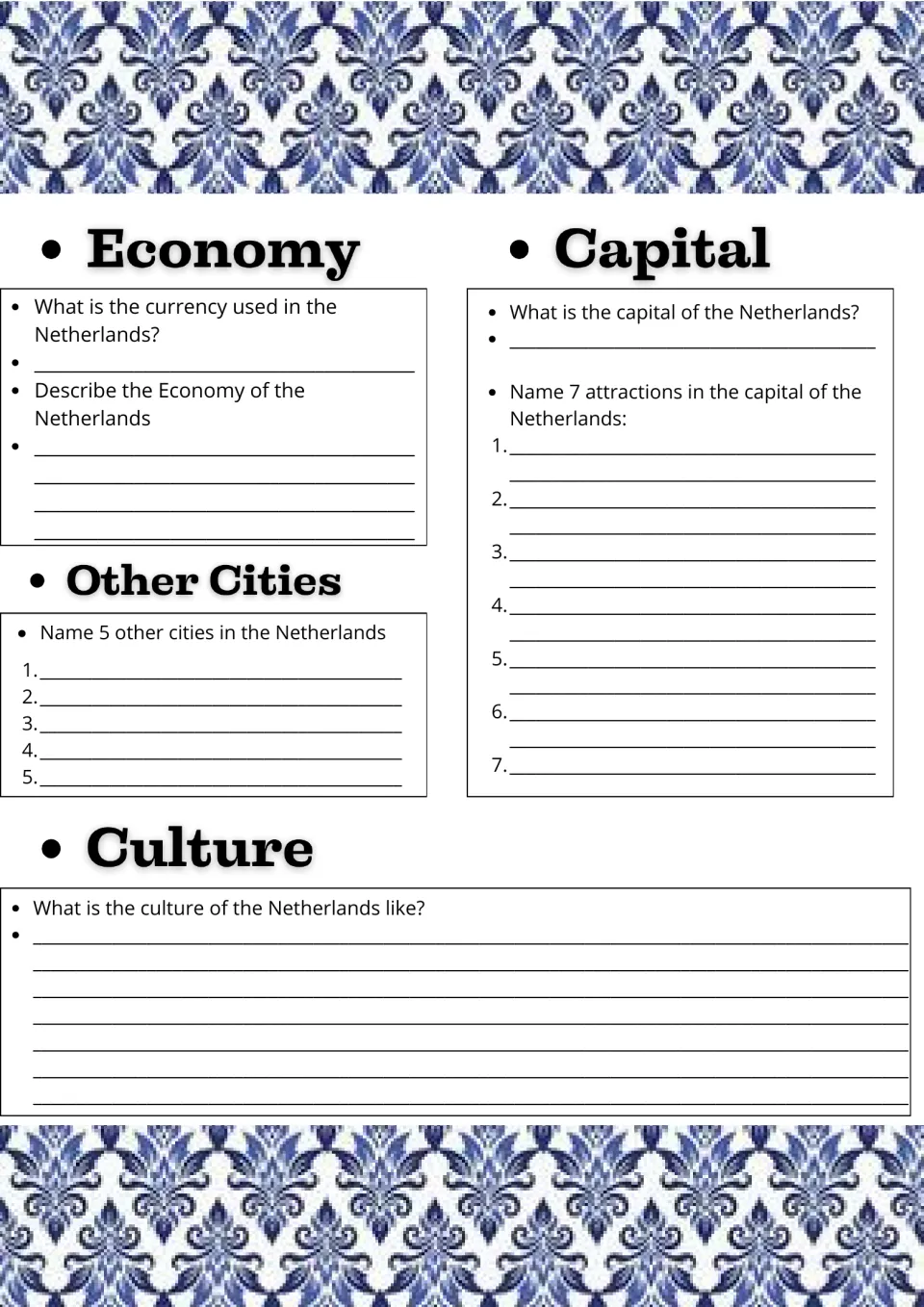 Netherlands economy, capital and culture: students name the currency, 5 other cities and 7 attractions in the capital
