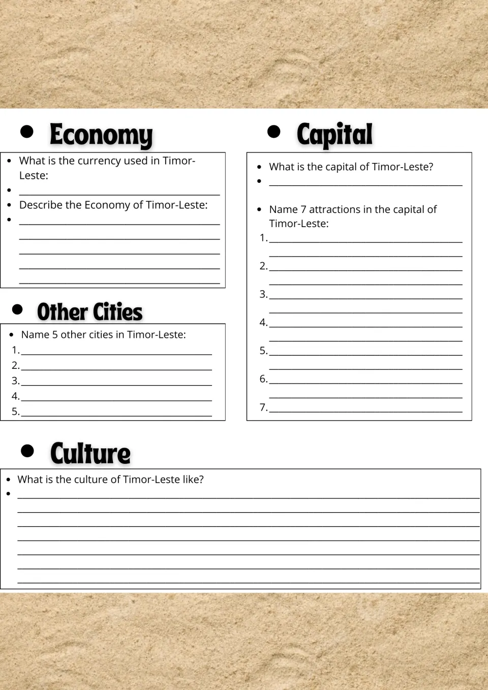 Timor-Leste economy and places: students give the currency, list 5 other cities and 7 capital attractions, describe culture