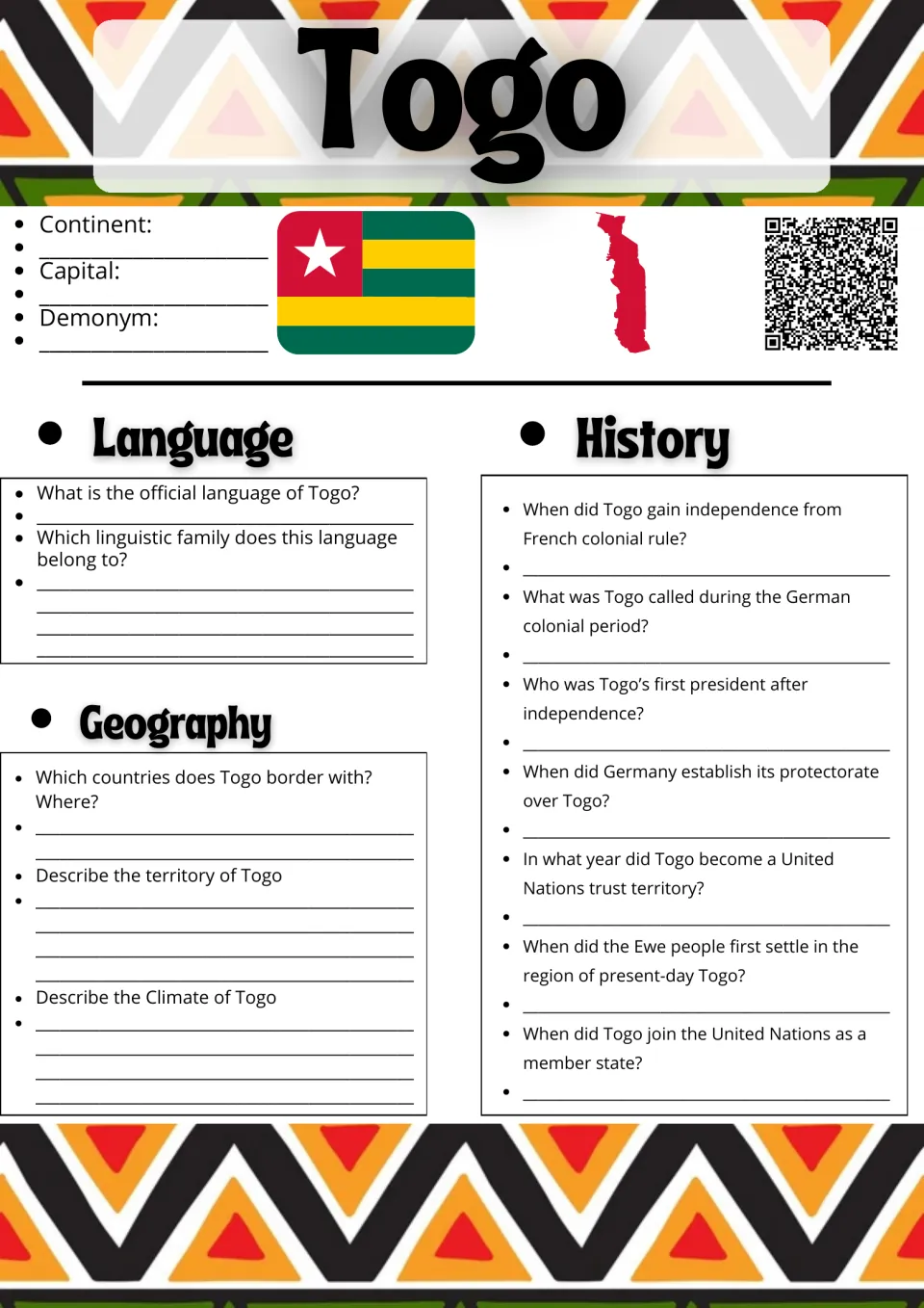 Togo research: students fill in continent, capital and demonym, then answer language, geography and history questions