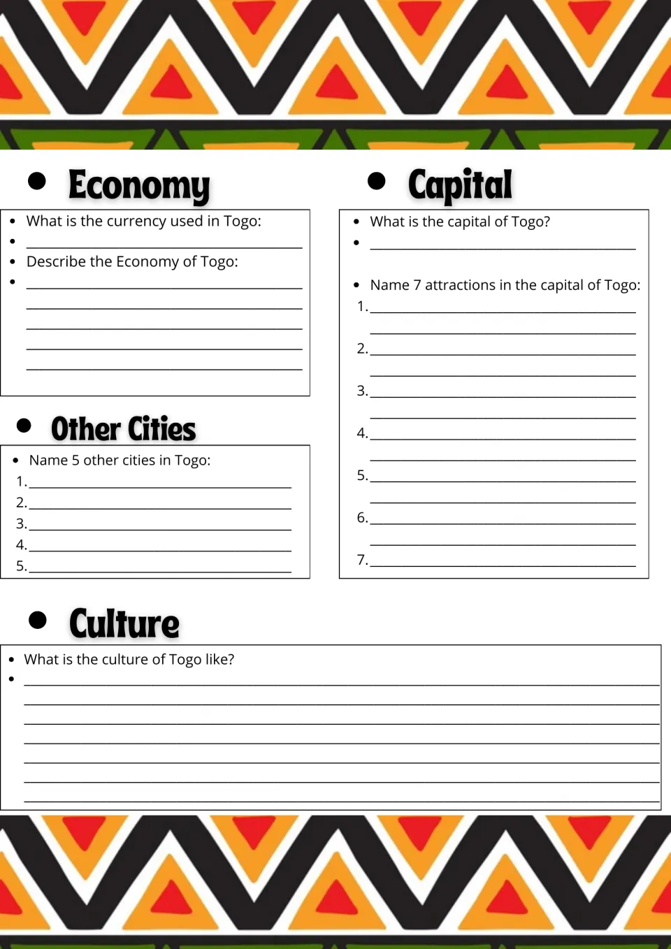Togo economy, capital and culture: students name the currency, 5 other cities and 7 attractions, then write a description