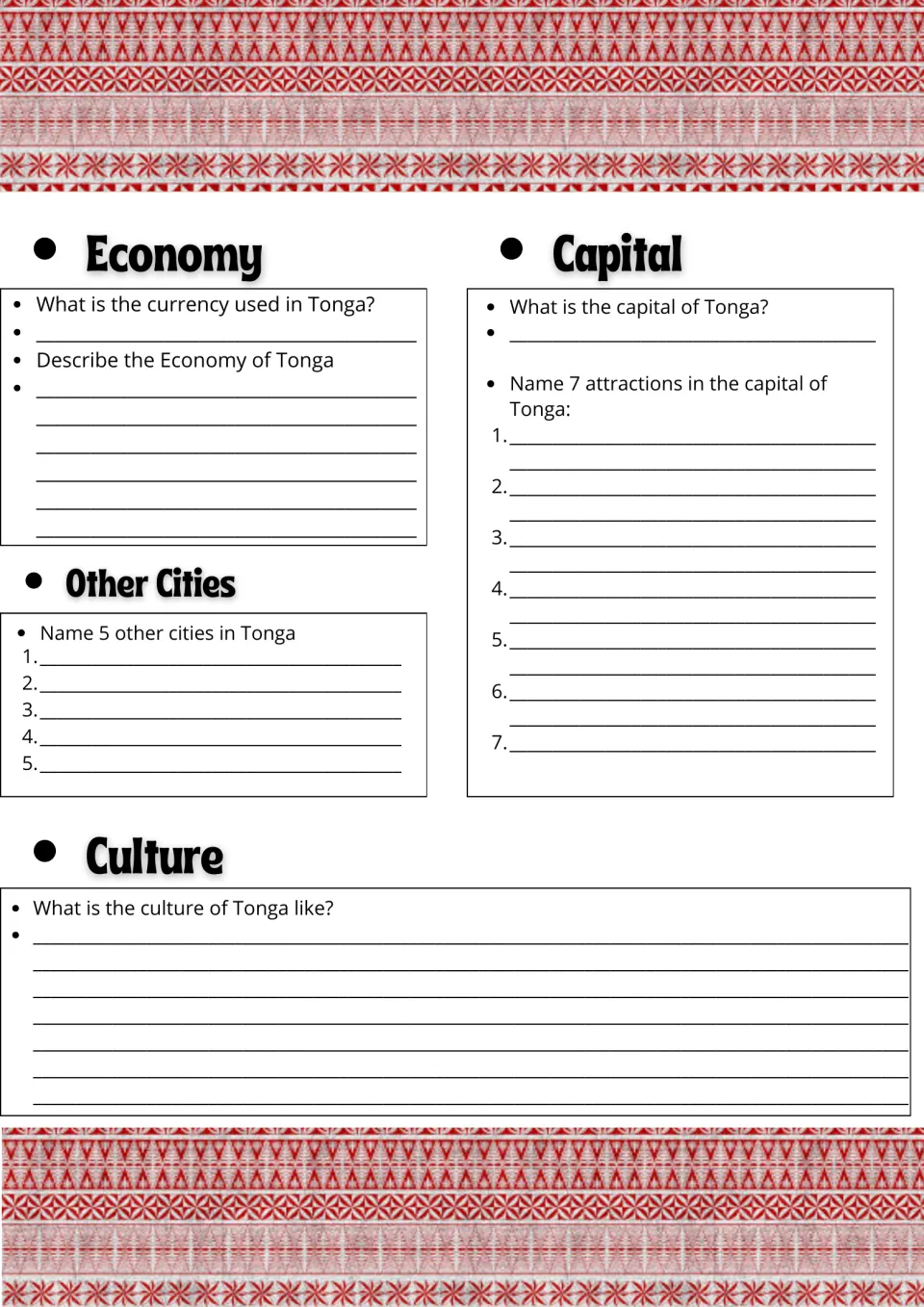 Tonga economy, cities and culture: students give the currency, 5 other cities, 7 capital attractions and describe culture
