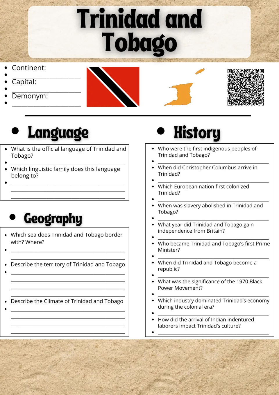 Trinidad and Tobago research: students note capital and demonym, then answer language, geography and history questions