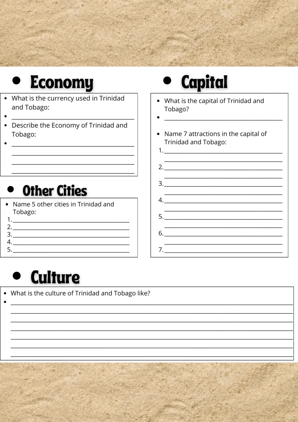 Trinidad and Tobago economy, capital and culture: students research currency, list 5 other cities and 7 capital attractions