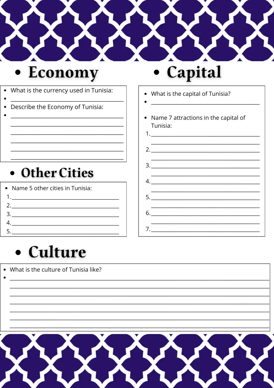 Tunisia economy and culture: students name the currency, list 5 other cities and 7 capital sights, and describe the culture