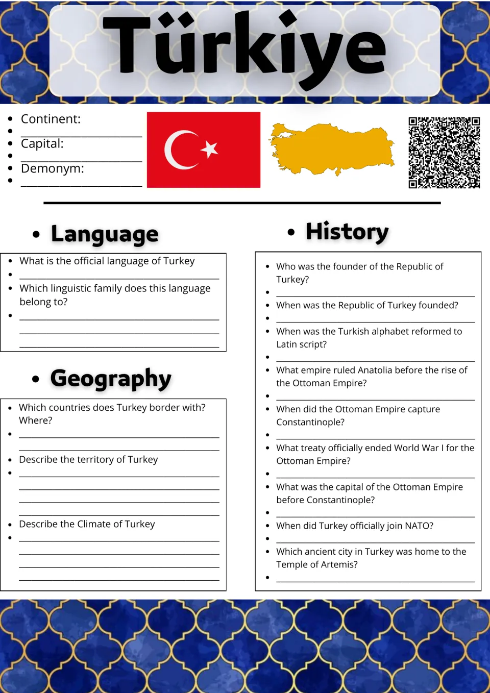 Türkiye research sheet: students note capital and demonym, then answer language, geography and Ottoman history questions
