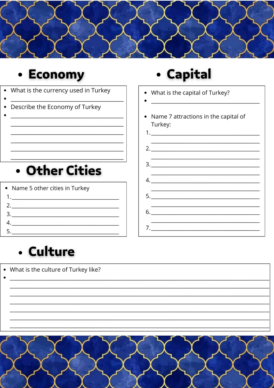 Turkey economy and culture research: students name the currency, 5 other cities and 7 attractions in the capital