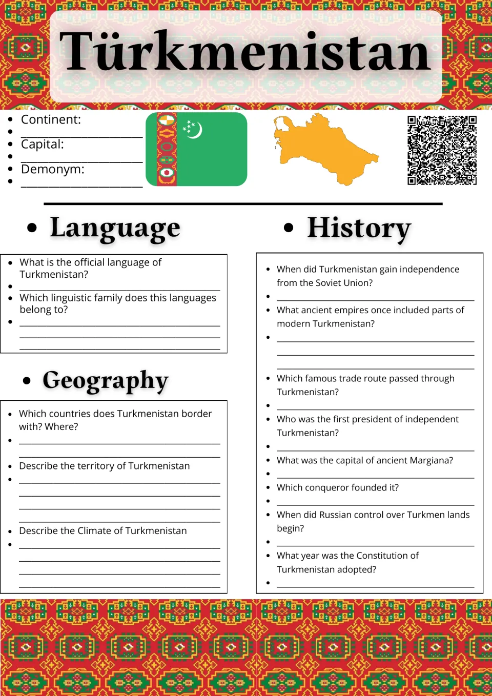 Turkmenistan research: students note capital and demonym, then answer language, geography and history questions