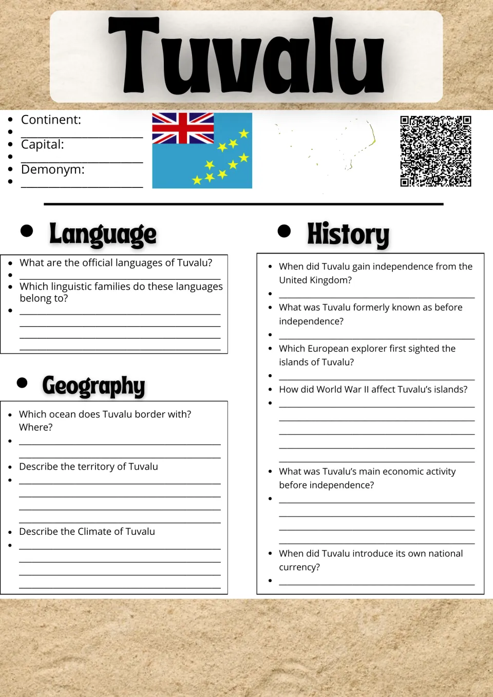 Tuvalu country research, page 1: continent, capital, demonym, language, geography, and history questions