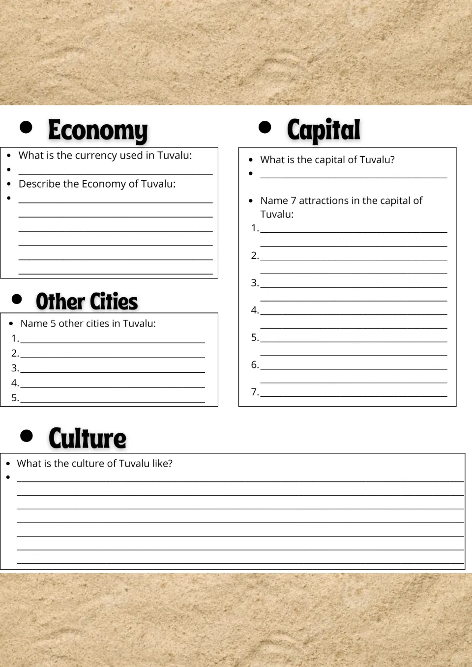 Tuvalu country research, page 2: economy, capital attractions, five other cities, and culture questions