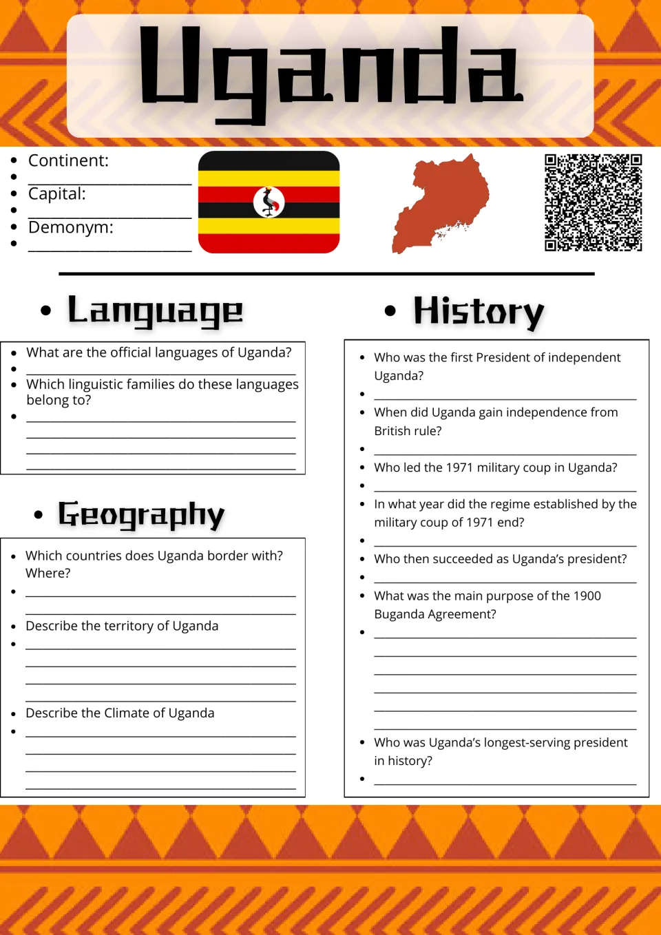Uganda country research, part 1: continent, capital, demonym, official languages, geography, and history