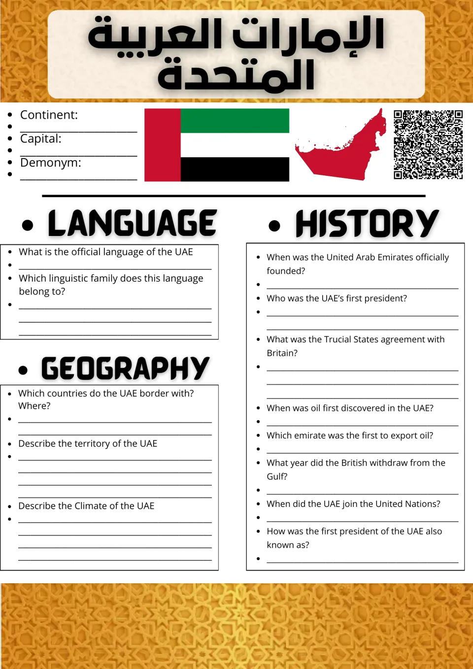 Country research report, part 1: United Arab Emirates facts, language, geography, and history questions.