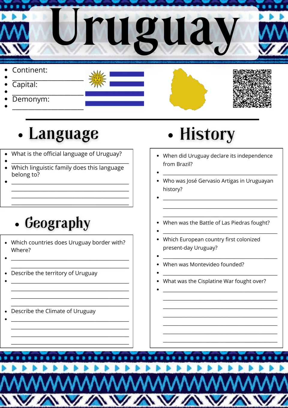 Uruguay fact sheet: students record continent, capital and demonym, then answer language, geography and history questions
