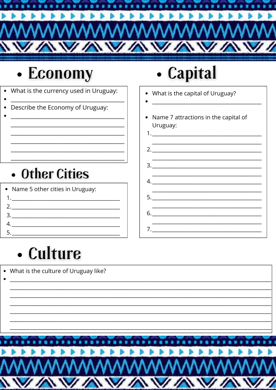Uruguay economy and capital: students name the currency, 5 other cities and 7 capital attractions, then describe the culture