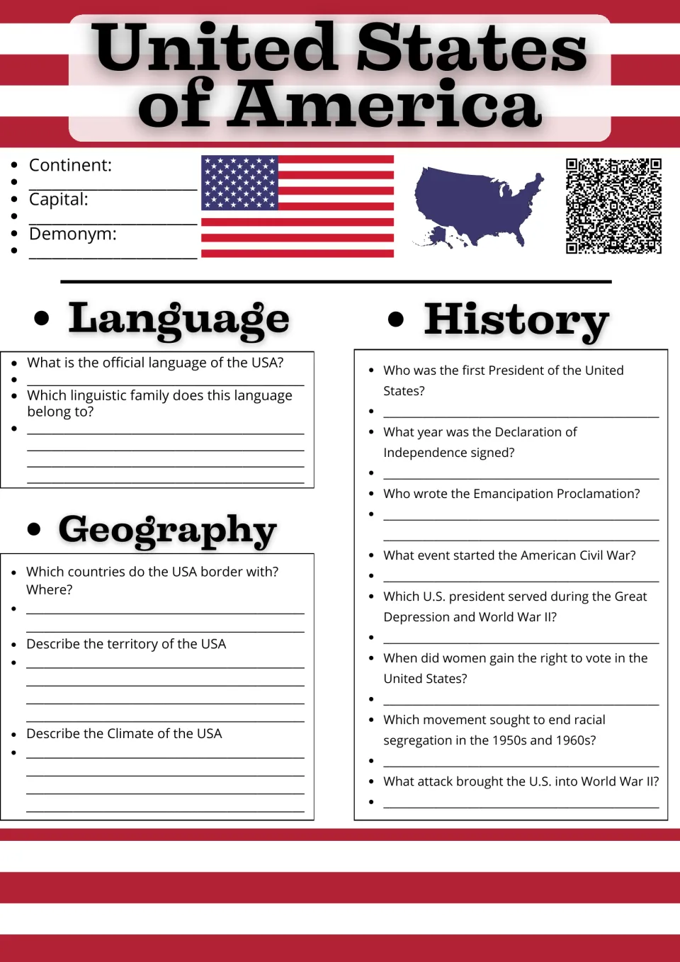 USA research: students note continent, capital and demonym, then answer language, geography and U.S. history questions
