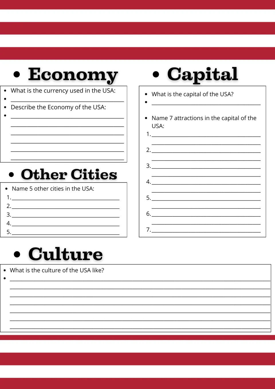 USA economy and culture research: students give the currency, list 7 sights in the capital and 5 other cities